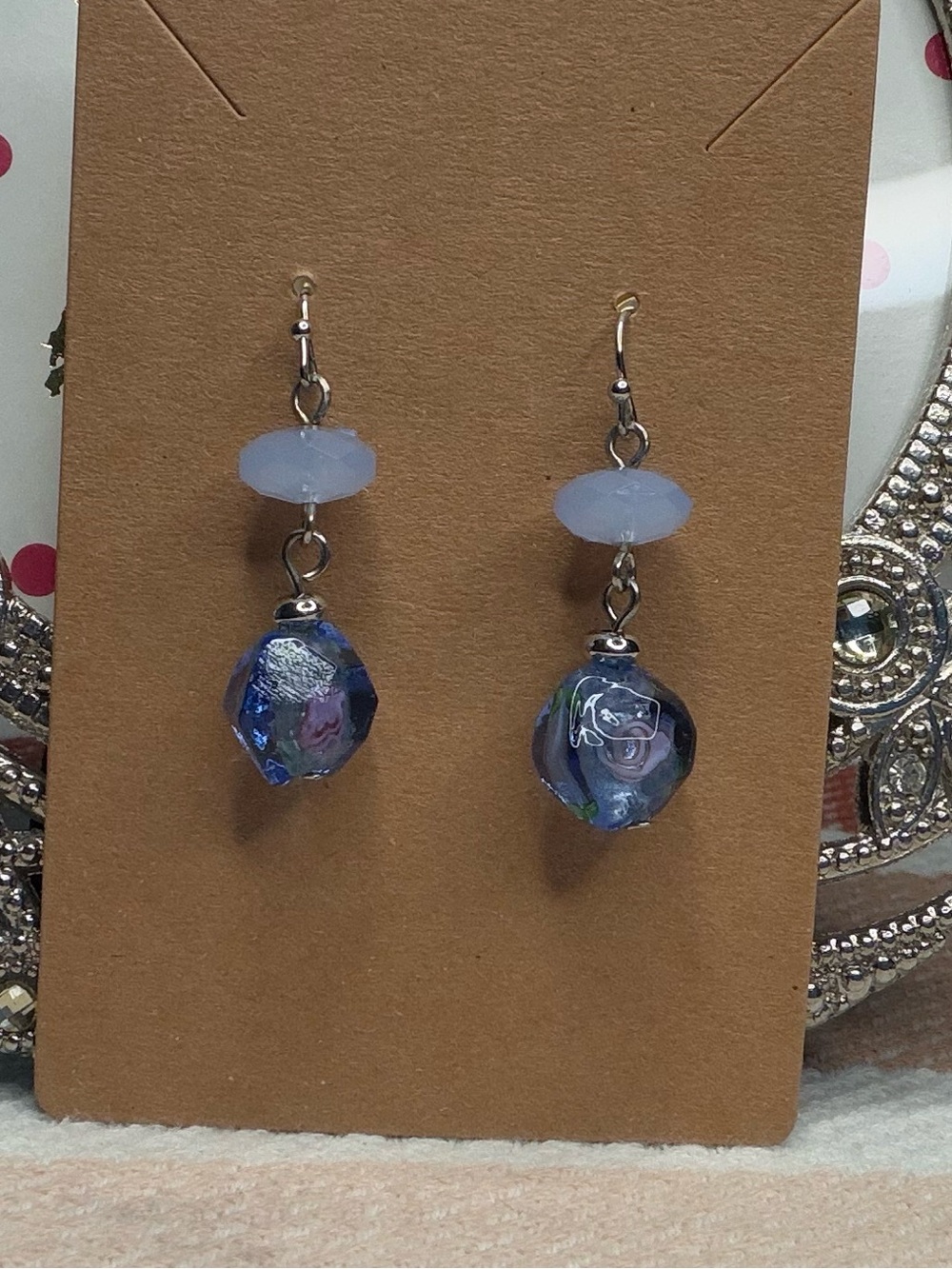 Artisan Blue Floral Lampwork Art Glass Drop Earrings Periwinkle French Wire